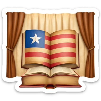 Ancient book with Puerto Rican flag on leather cover, theater curtain symbol carved in wood, warm vintage parchment textures, soft golden glow representing timelessness and theatrical heritage sticker