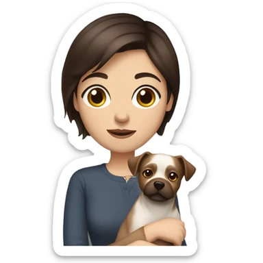 short brunette haired woman with dark brown eyes holding a dog sticker