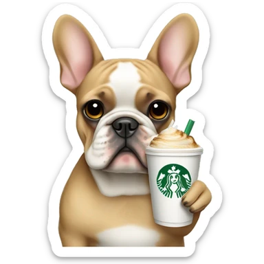 Black and tan French bulldog holding a Starbucks iced chai sticker