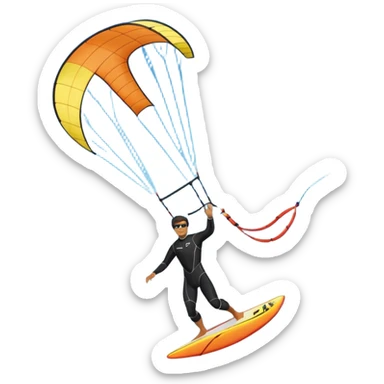 Kiter man con neopreno negro largo en el mar con una cometa kite surf de 18 metros,haciendo kite surf y el truco downloop sticker