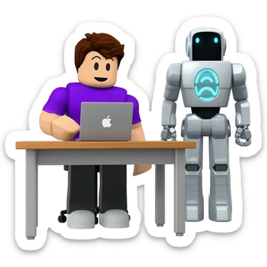 Genera un personaje de roblox de cuerpo completo sentado en un escritorio con una laptop con una playera color morado, pelo cafe y un robot al lado de el sticker