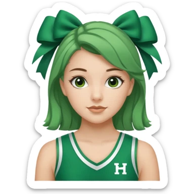 Sydney Taylor with green Hawkins Cheerleader no sleeve uniform, green bow on her hair sticker