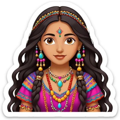 A Romani girl with long dark hair, wearing a colorful, traditional dress with intricate patterns, and a bright, joyful expression, surrounded by vibrant accessories and jewelry sticker