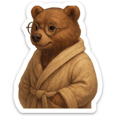 A cute anthropomorphic bear wearing round glasses and a cozy bathrobe, 3/4 view, detailed, semi-realistic style, warm atmosphere. sticker