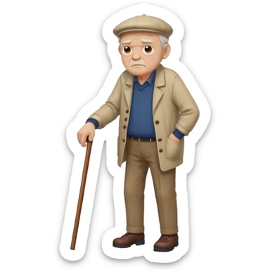 Old man leaning on a walking cane and holding his crancky back with his hand, grumpy face, detailed sticker