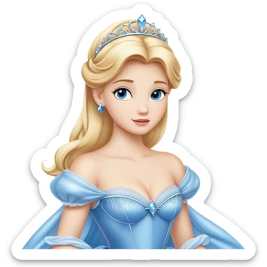 Cinematic Realistic Cinderella Portrait, showcasing her regal elegance in a full ball gown rendered with exquisite detail. Her fair, luminous skin and lustrous blonde hair are highlighted by subtle, shimmering accents and gentle natural light, evoking a magical, transformative aura. sticker