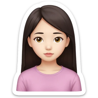 Asian girl, 17 years old, fair skin, oval face, big brown eyes, long straight dark brown hair, soft pink lips, calm expression, wearing a pale yellow top, portrait from head to chest, white background. sticker