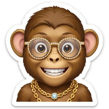 rich monkey (actual monkey, not human looking) with glasses smiling with diamond grillz and a bitcoin golden chain with diamond pearls sticker