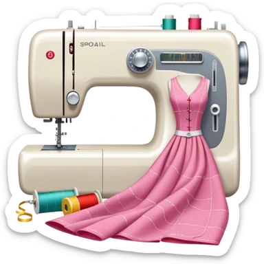 Sewing icon, measuring tape, pins, scissors, and a dress in progress, sewing machine with thread, visible needle, spools of thread, fabric pieces cut according to patterns, minimalistic style, clean lines, transparent background. sticker