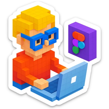 designer working on a MacBook with Figma logo, voxel style sticker