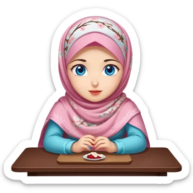 Turkish beautiful finish Konya girl blue eyes with cherry blossom floral hijab islamic dress and with yummy Drooling face on the table sticker
