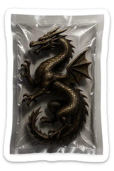 vacuum sealed style dragon, elegant and slender, shiny plastic, no text sticker