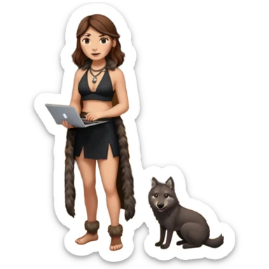 a NEANDERTHAL WOMAN WITH BROWN HAIR STANDING BY A FIRE AND TENT WITH BLACK WOLF HALTER TOP AND A LAPTOP AND FUR COAT sticker