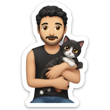 man with short beard hazel eyes and black hair with cat on lap sticker