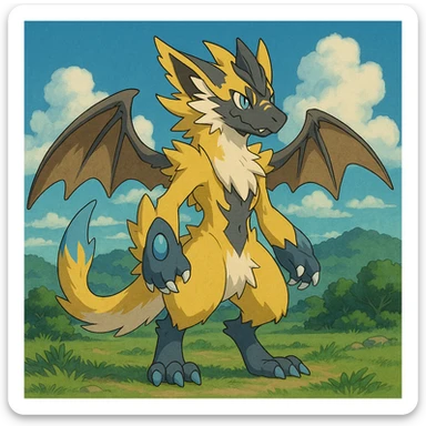 Sergal-Protogen-Trico-Zeraora-Vernid-fusion-hybrid-creature, drawn in a Pokémon/Digimon style sticker
