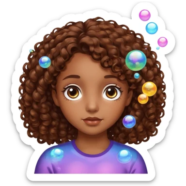 girl with brown curly hair in a side part with big brown eyes looking off to the side with bubbles on both sides of her sticker