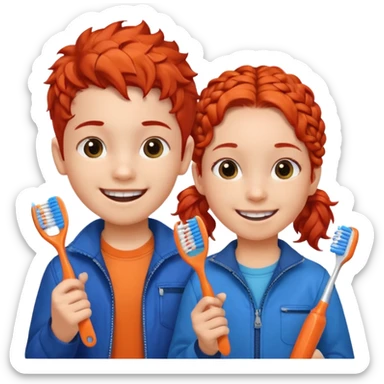 Two children smiling with toothbrushes in their hands. On the left is a girl with braided red hair, wearing a blue jacket and an orange shirt. On the right is a boy with curly black hair, wearing an orange shirt. Both are holding blue toothbrushes and look happy and healthy. sticker