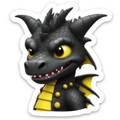 Black dragon dressed in punk clothes with chequer black and white markings and yellow caution tape  sticker