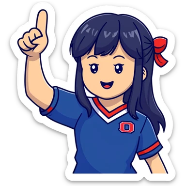 East Asian woman with long black straight hair and bangs wearing Doosan Bears team colors navy blue and red, cheering sticker
