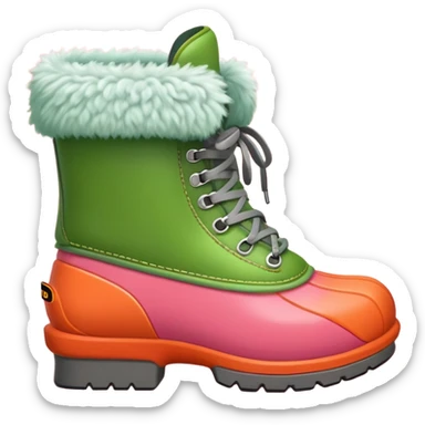 A cute and colorful cartoon-style shoe emoji, inspired by a winter boot. The boot has a red base, orange middle section, gray laces, and a thick green fuzzy collar. The shoe has a rounded, friendly shape with soft textures and a toy-like appearance. Set on a simple pink background. Designed in 3D style like Pixar or DreamWorks animation. sticker
