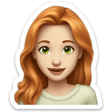 beautiful girl, white, with long loose wavy hair, orange hair,light green eyes, looks like Angelina Jolie, smiles at the camera, good teeth, white sweater, realistic drawing sticker