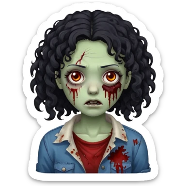 a zombie with curly medium black hair, dark brown eyes and a bit of blood on her cheek sticker