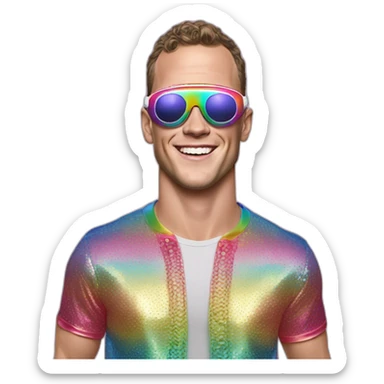 Fancy disco Jonathan Toews wearing rainbow lace shirt and wearing VR glasses and eating a moon pie sticker