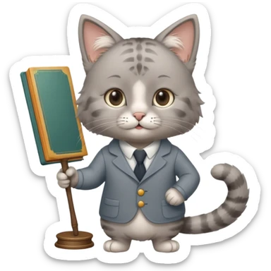 A cat with a mirror on its feet, a book in one hand, a teacher's stick in the other, and hair that looks like Einstein's. sticker