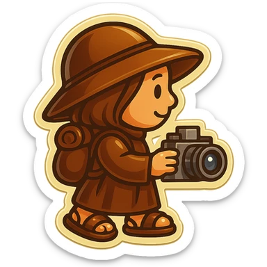 Add visible sandals to the small, funny medieval pilgrim holding a camera, ensuring the sandals match the retro stickers style. Keep the background transparent as in the original. sticker
