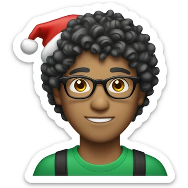 Unisex person ’light skin’ ’short curly dark green hair’ in a ’red Santa hat’ and black tshirt and round glasses  sticker