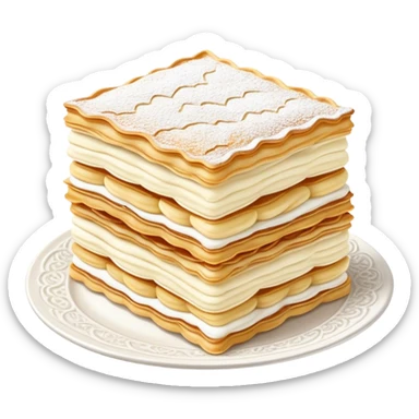 Cinematic delicate mille-feuille, thin crispy pastry layers filled with smooth vanilla cream, dusted with powdered sugar, elegant presentation, highly detailed and sophisticated. sticker