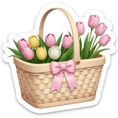 A white Picnic basket with light pink bow, white peonie, tulips sticker
