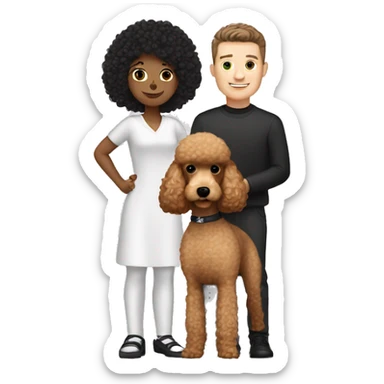 A white male with black hair holding a light brown poodle sticker
