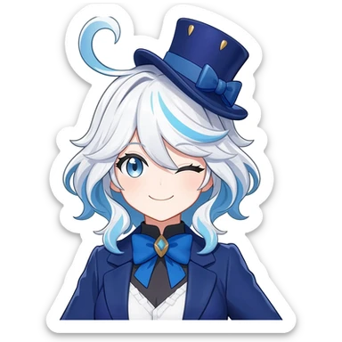 Furina de Fontaine from Genshin Impact; Beautiful gorgeous anime lady with white wavy hair with thin blue stripes, blue eyes, blue short top hat with a blue bow tie, smug smile, laughing, happy, blue coat, blue cravat, white gloves sticker
