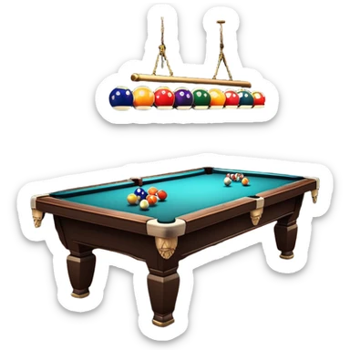 A well-arranged pool table with colorful billiard balls neatly placed, and a cue stick poised to take a shot. The setting is a dimly lit room with a focused atmosphere, highlighting the precision and strategy involved in the game of billiards. sticker