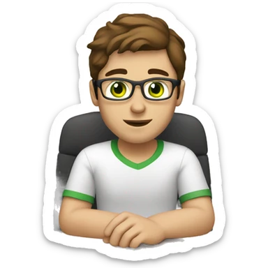 white software engineer, with brown hair, brown and green eyes, programming on a computer sticker