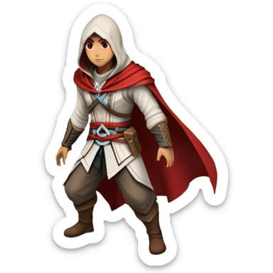 An icon representing an adventure game, inspired by Assassin's Creed. The design features a heroic character in hooded attire, scaling a tall building in a historical cityscape. The background shows ancient architecture and hidden symbols, symbolizing exploration and stealth. Transparent background  sticker