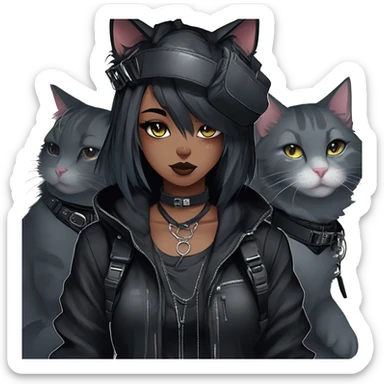 Gorgeous gothic dark techwear cyberpunk anime style sona anthro cat, aesthetic, and pretty edgy black with collar and harness, trending style sticker