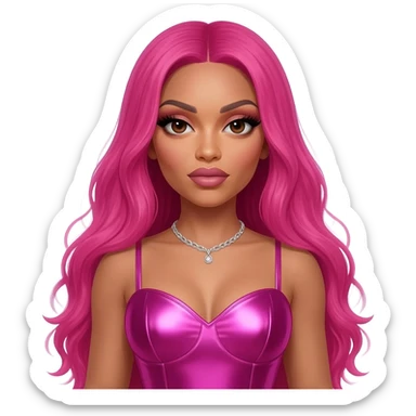 Nicki Minaj with dark brown eyes, long hot pink hair, hot pink metallic sweetheart dress, silver necklace sticker