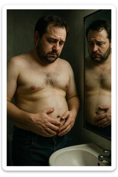 uomo che si guarda allo specchio triste mentre si tocca la pancia, pensieroso, iperrealistico 4k sticker