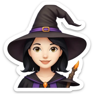"- Nữ
- 25 tuổi
- Da trắng
- Tóc đen, ngắn ngang vai
- Mặt cười mỉm
- Đội mũ phù thủy" sticker