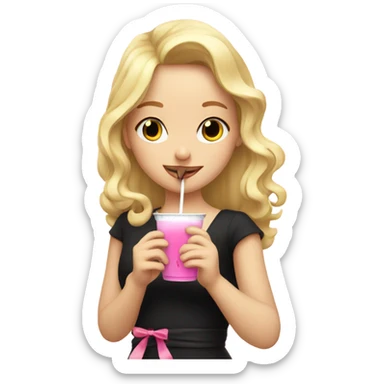 Blonde girl with black ribbon drinking from Pink stanley  sticker