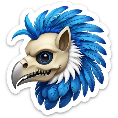 Furry Fakémon-Pokémon-animal-creature with a skull mask, and a feather-mane-collar, and blue feathers sticker