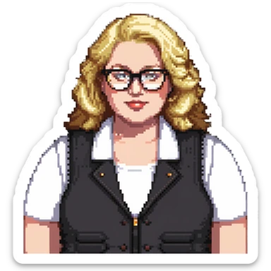 Plus size blonde person wearing glasses and a vest sticker