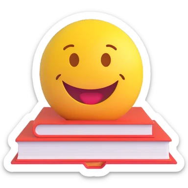 3D smiley emoji, round shape, university student studying with a book, yellow color, smiling face sticker