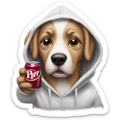 Dog wearing hoddie while drinking Dr Pepper  sticker