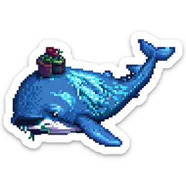 a blocky and retro whale, pixel art style sticker