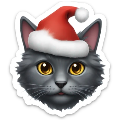 Fluffy dark grey cat wearing Christmas hat sticker