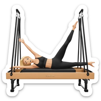 Minimalist, flat-design style emoji of a person doing pilates on a cadillac reformer, hanging upside down with legs open in a split position sticker