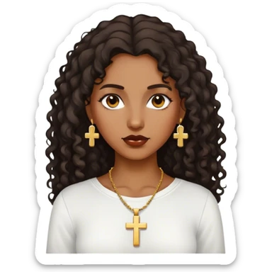 Dark Brown woman with dark curly long hair white shirt with gold small cross necklace sticker
